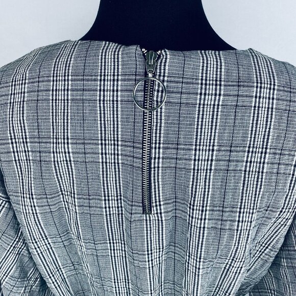 Zara TRF Collection Black & White Plaid Balloon Sleeve Belted Women's S Top