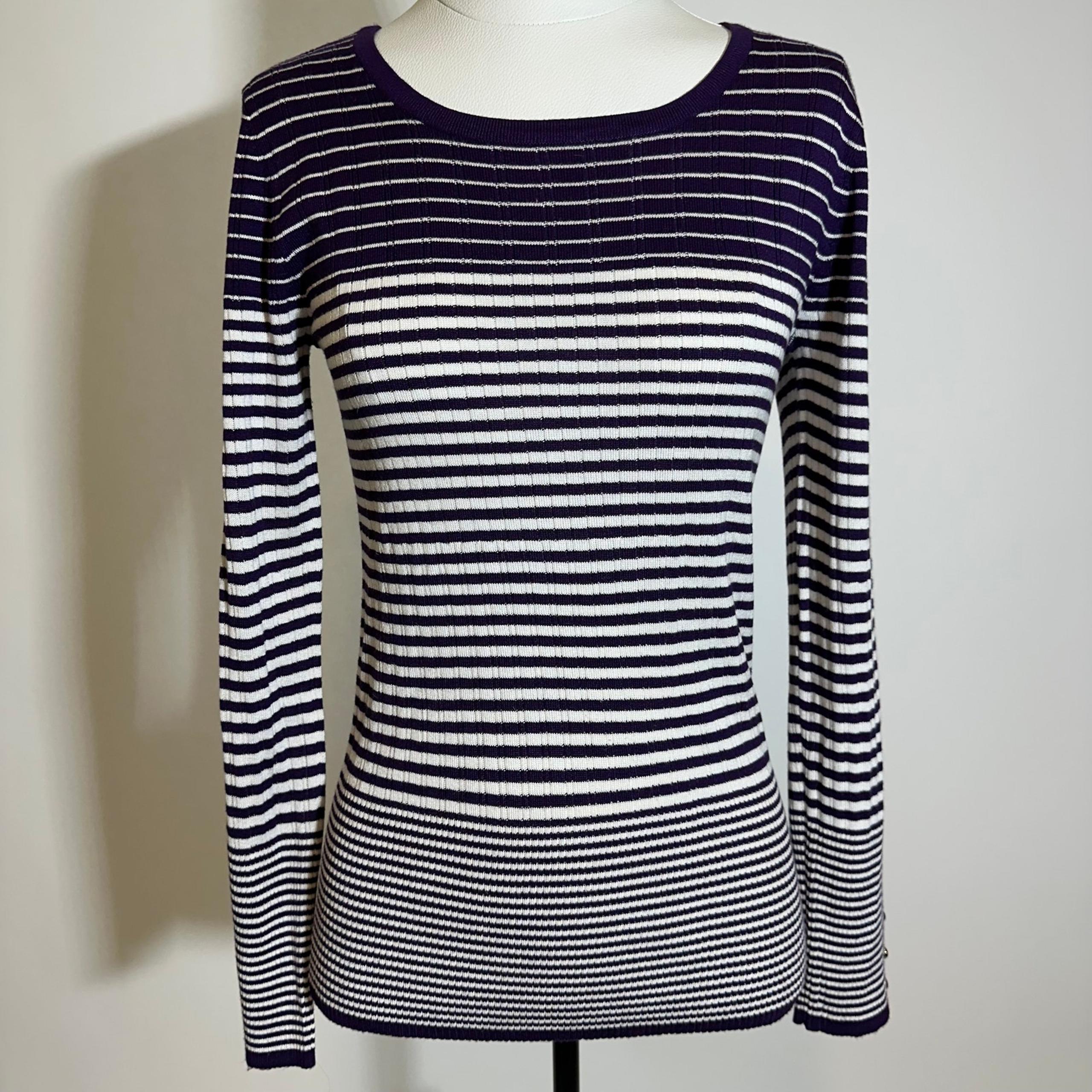 Liz Claiborne Purple White Striped Knit Scoop Neck Sweater Womens Size Medium M