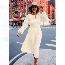 NEW Lulus It's a Love Story Cream Fringe Balloon Sleeve Midi Dress