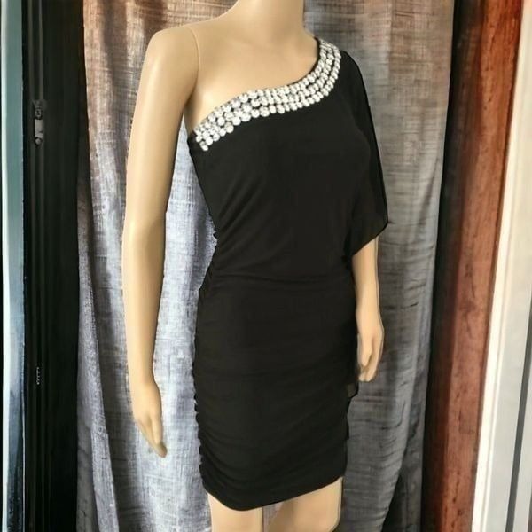 Y2K Vtg One Shoulder Dress Rhinestone Neck Ruched M Black Chiffon Bishop Sleeve.