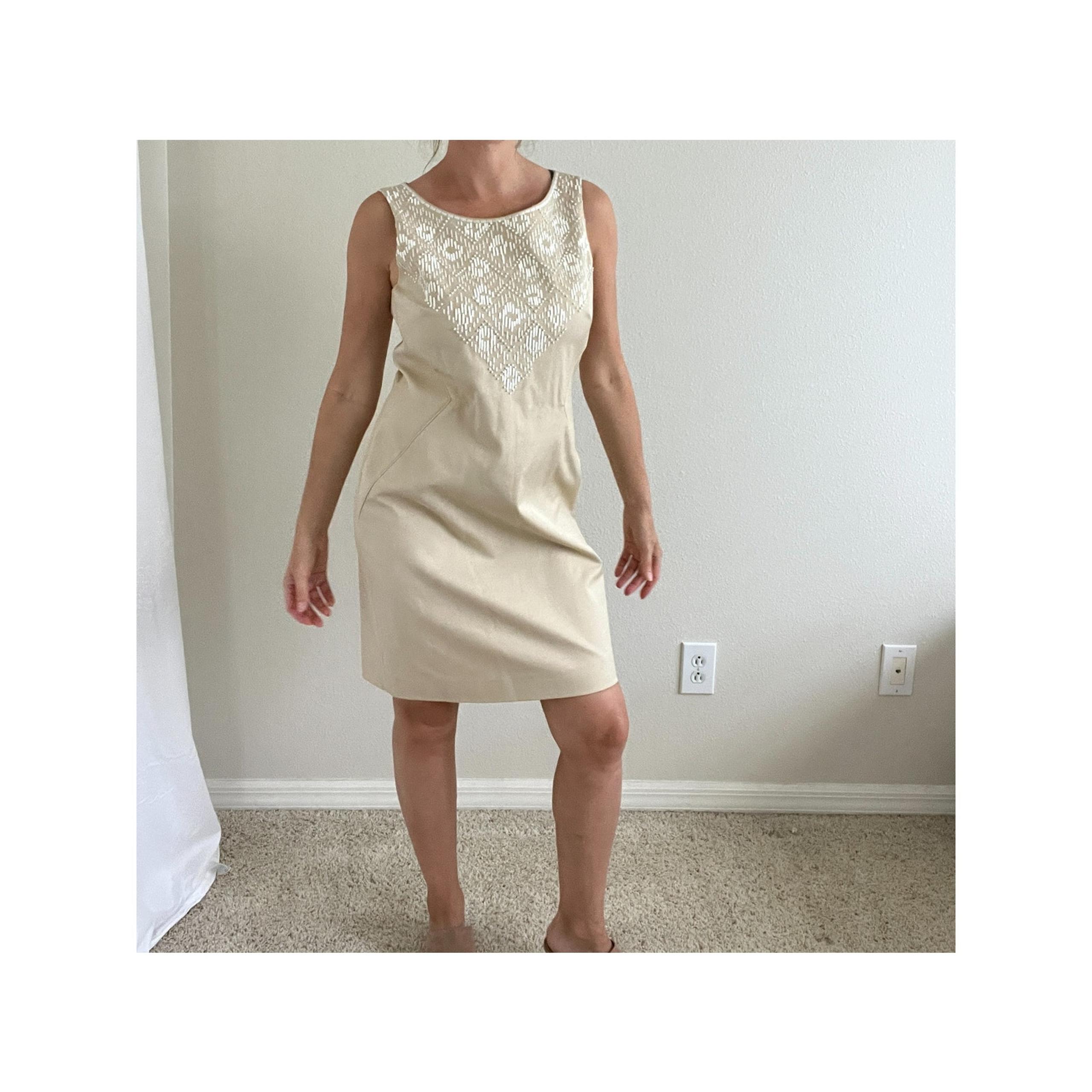 Sandstone Elegance – Antonio Melani Embellished Sheath Dress
