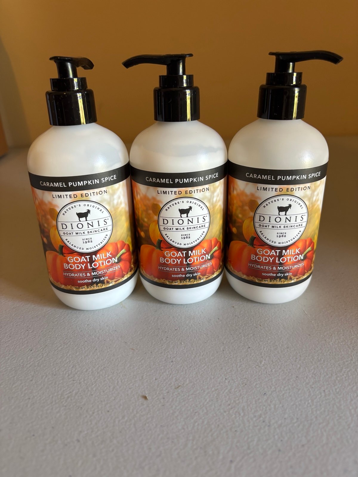 Lot of 3 Dionis Caramel Pumpkin Spice Goat Milk Lotions 8.5oz