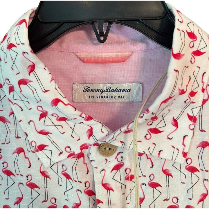 TOMMY BAHAMA Men’s LARGE The Veracruz Cay Flamingo Geo- White NWT $118