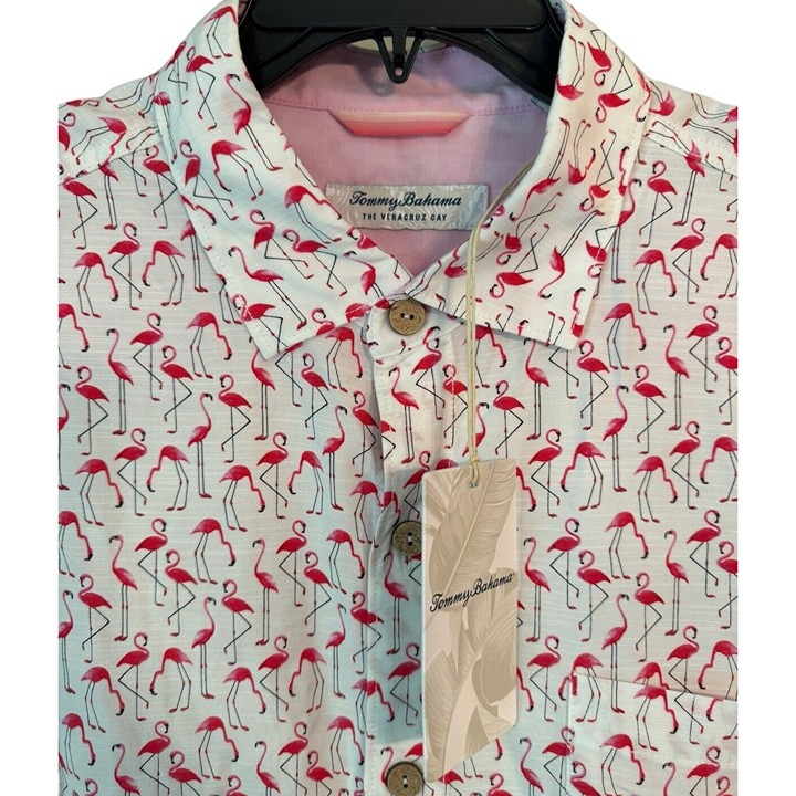TOMMY BAHAMA Men’s LARGE The Veracruz Cay Flamingo Geo- White NWT $118 - detail