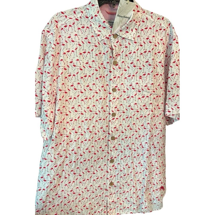 TOMMY BAHAMA Men’s LARGE The Veracruz Cay Flamingo Geo- White NWT $118 - detail