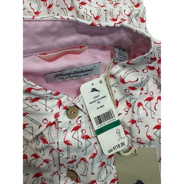 TOMMY BAHAMA Men’s LARGE The Veracruz Cay Flamingo Geo- White NWT $118 - detail