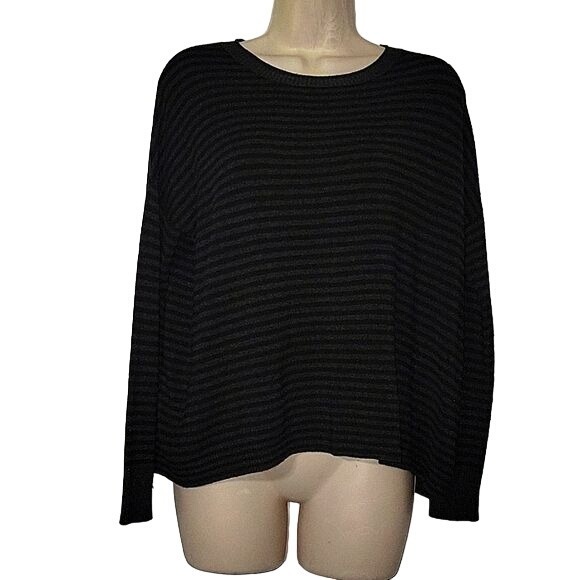EILEEN FISHER Italian Yarn Striped Pullover Black/Grey Long Sleeve Breathable PS