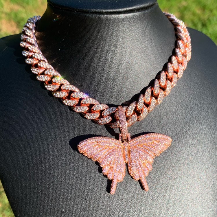 Butterfly Pendant Cuban Chain Rose Gold