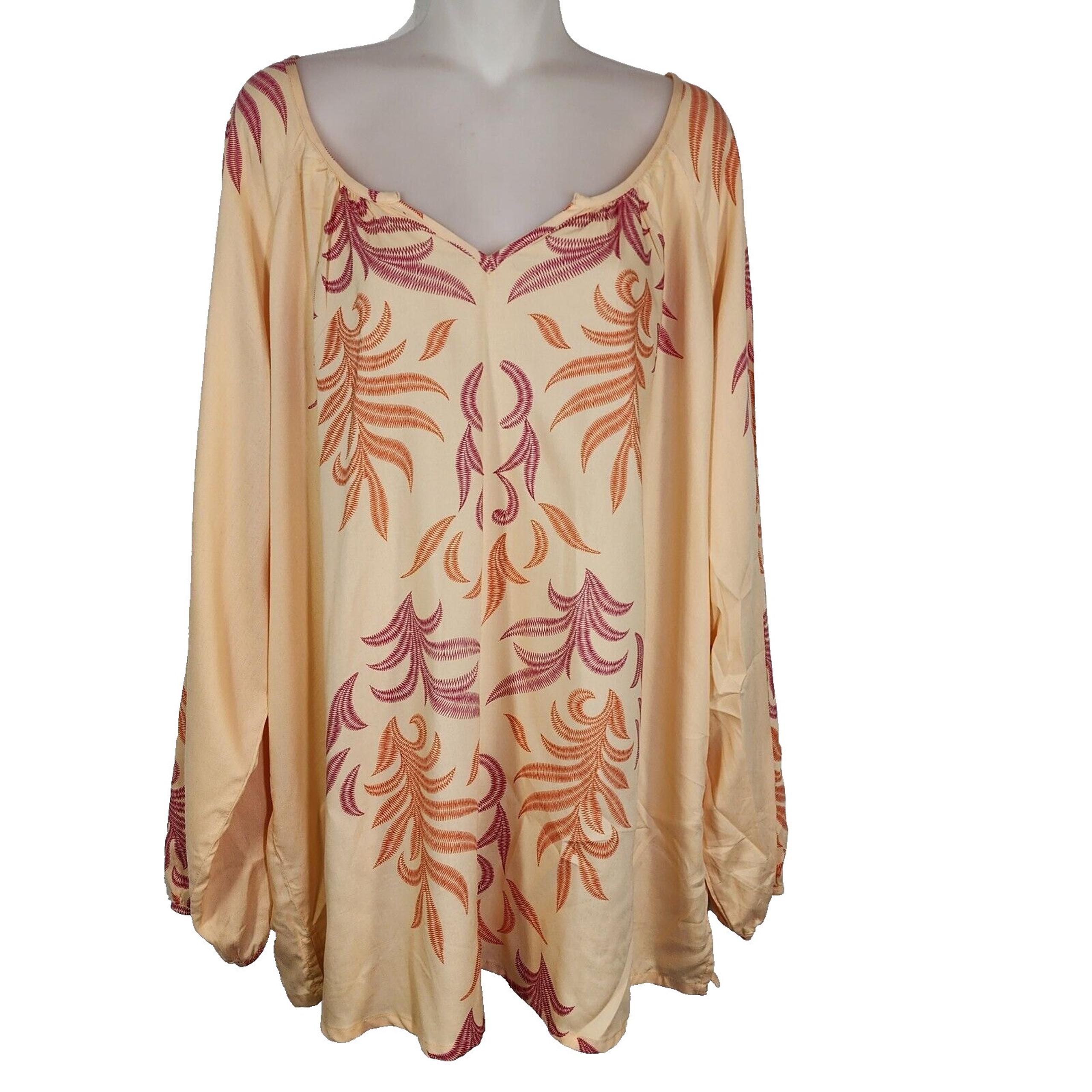 Lascana for Venus Tunic Top XL Orange Pink Long Sleeve V Neck Floral Coverup