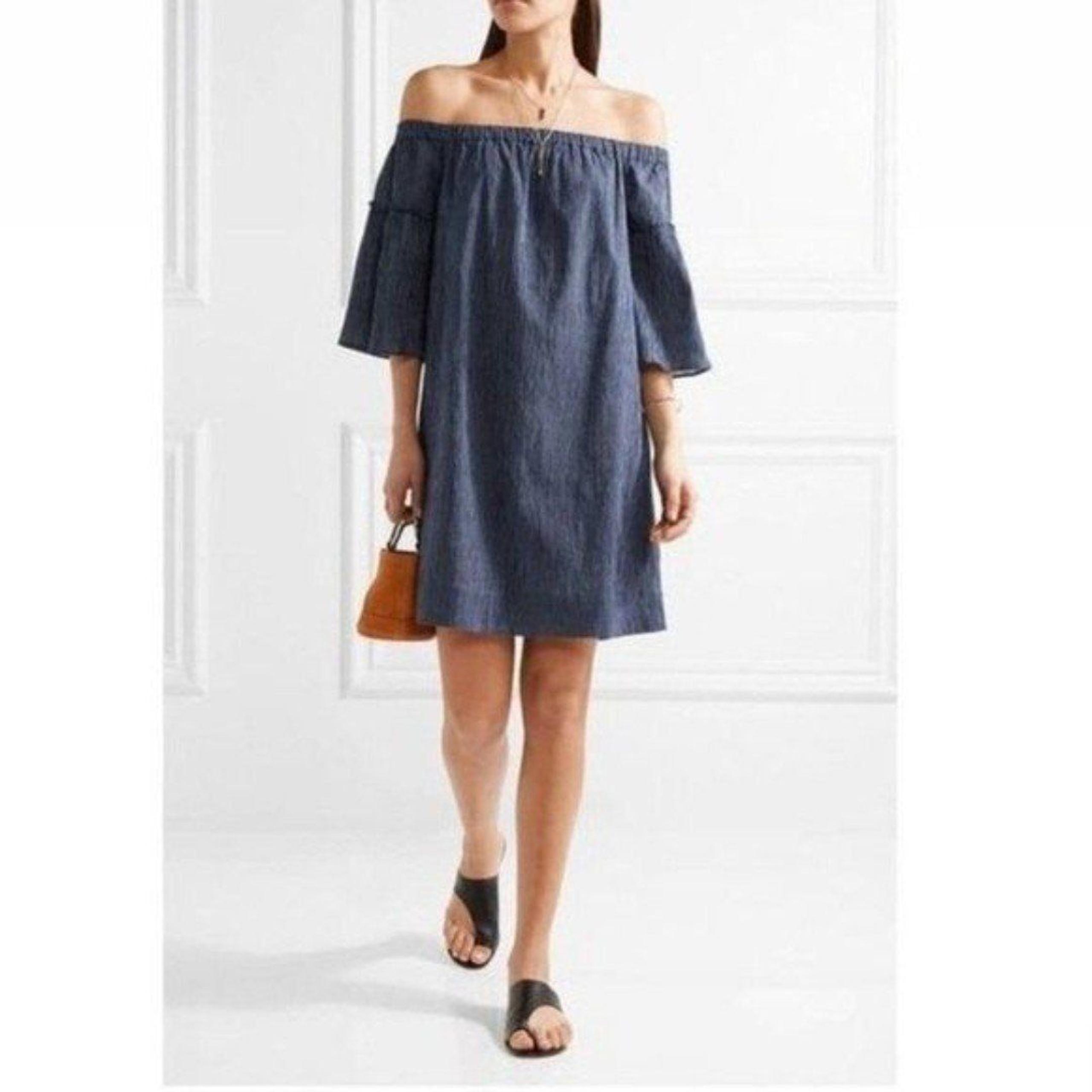 MADEWELL Off-the-Shoulder Bell Sleeves Navy Stripe Bohemian Dress Women's Size 8