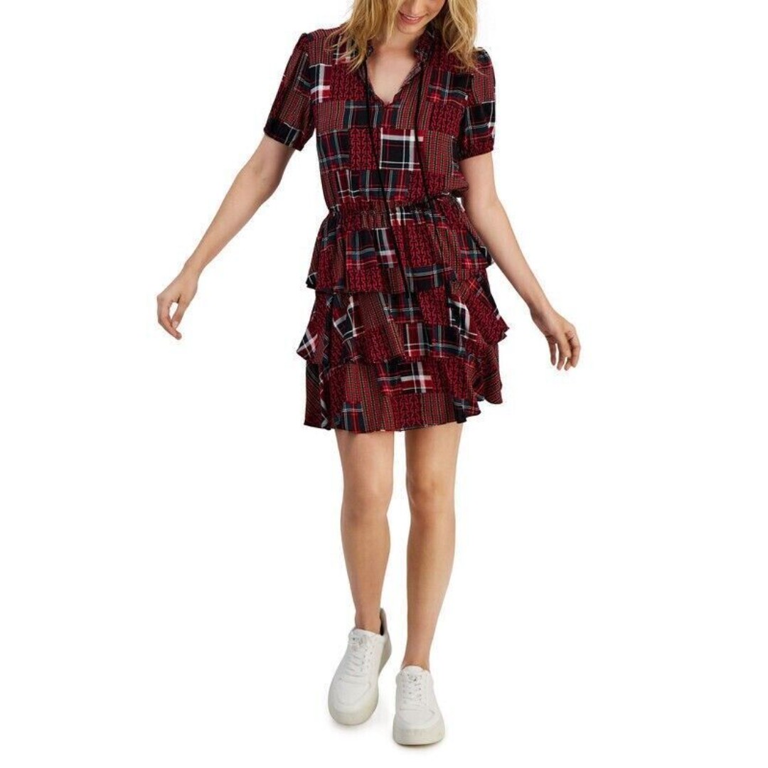 Tommy Hilfiger Women's Short-SleeveS Patchwork Highland Scarlet Dress XXL