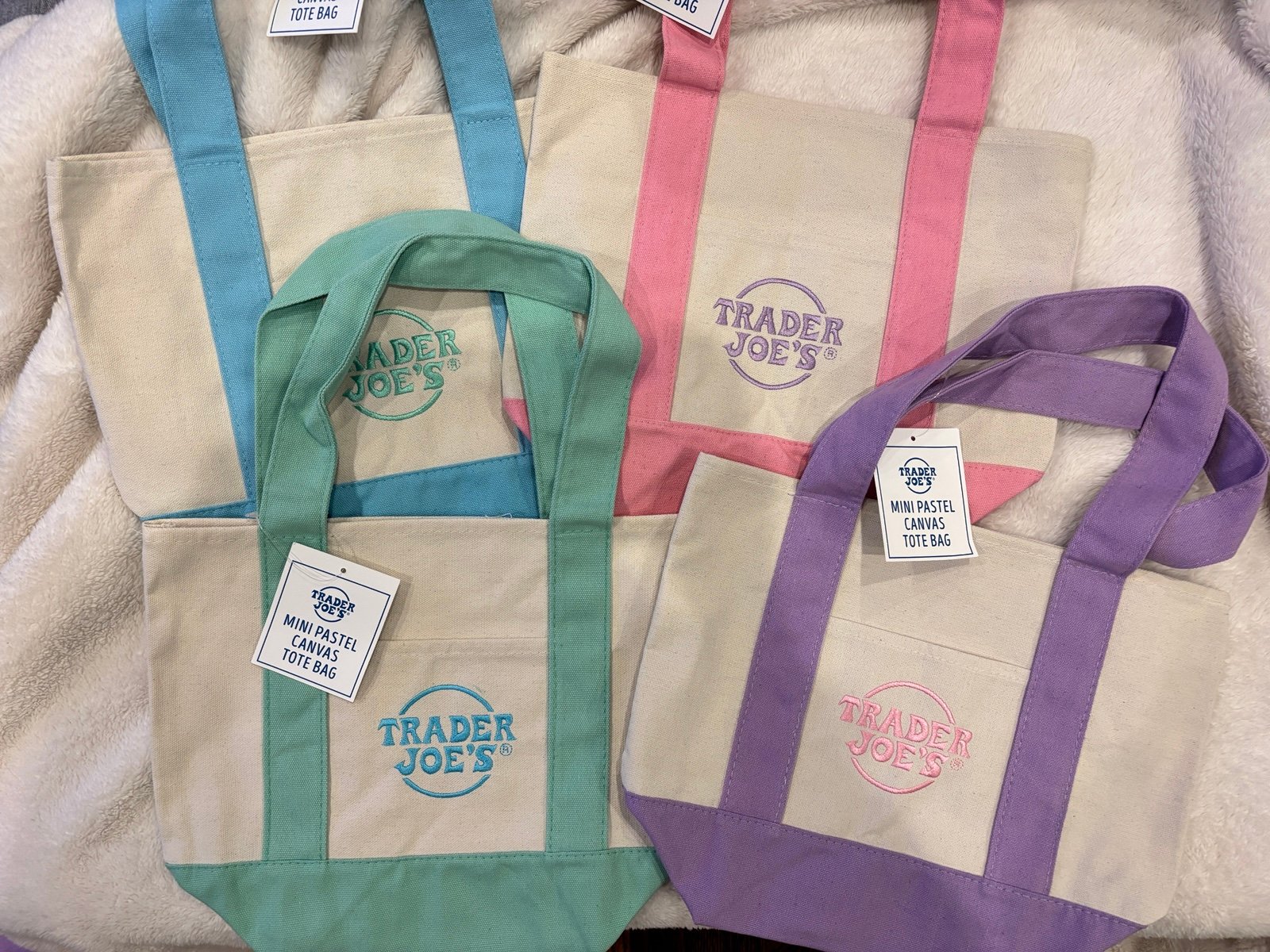 Trader Joe's Pastel Mini Canvas Tote Bags 2025 LIMITED EDITION NWT LOT OF 4