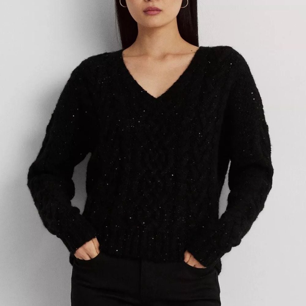 Lauren Ralph Lauren Womens Sequined Wool Blend Aran-Knit Sweater Black SZ XL NEW