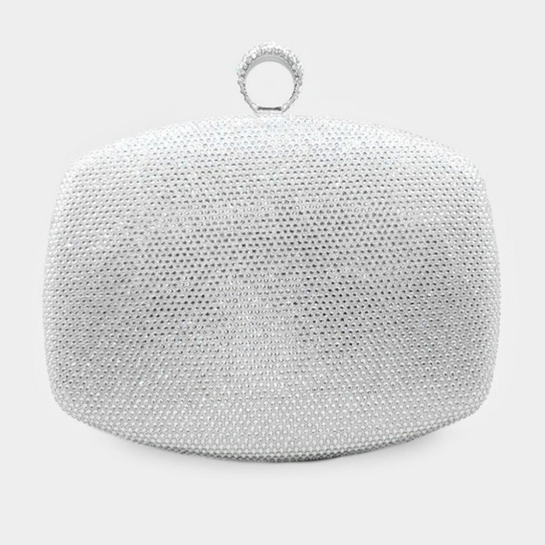 Silver Clutch Ring Rhinestone Crystal Purse Bling Formal Evening Crossbody Bag
