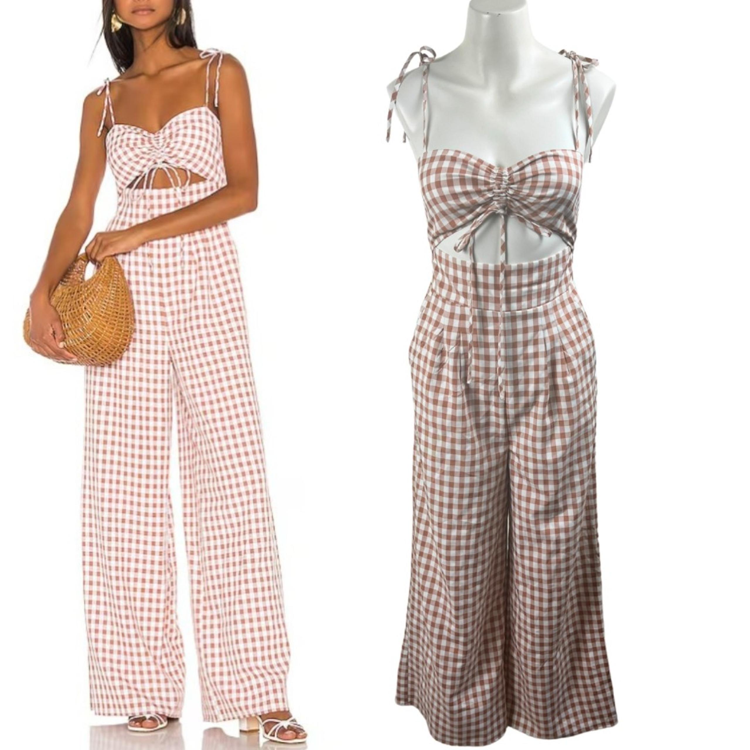 Song of Style Womens Size S Brown Senna Gingham Cutout Wide Leg Jumpsuit Pants