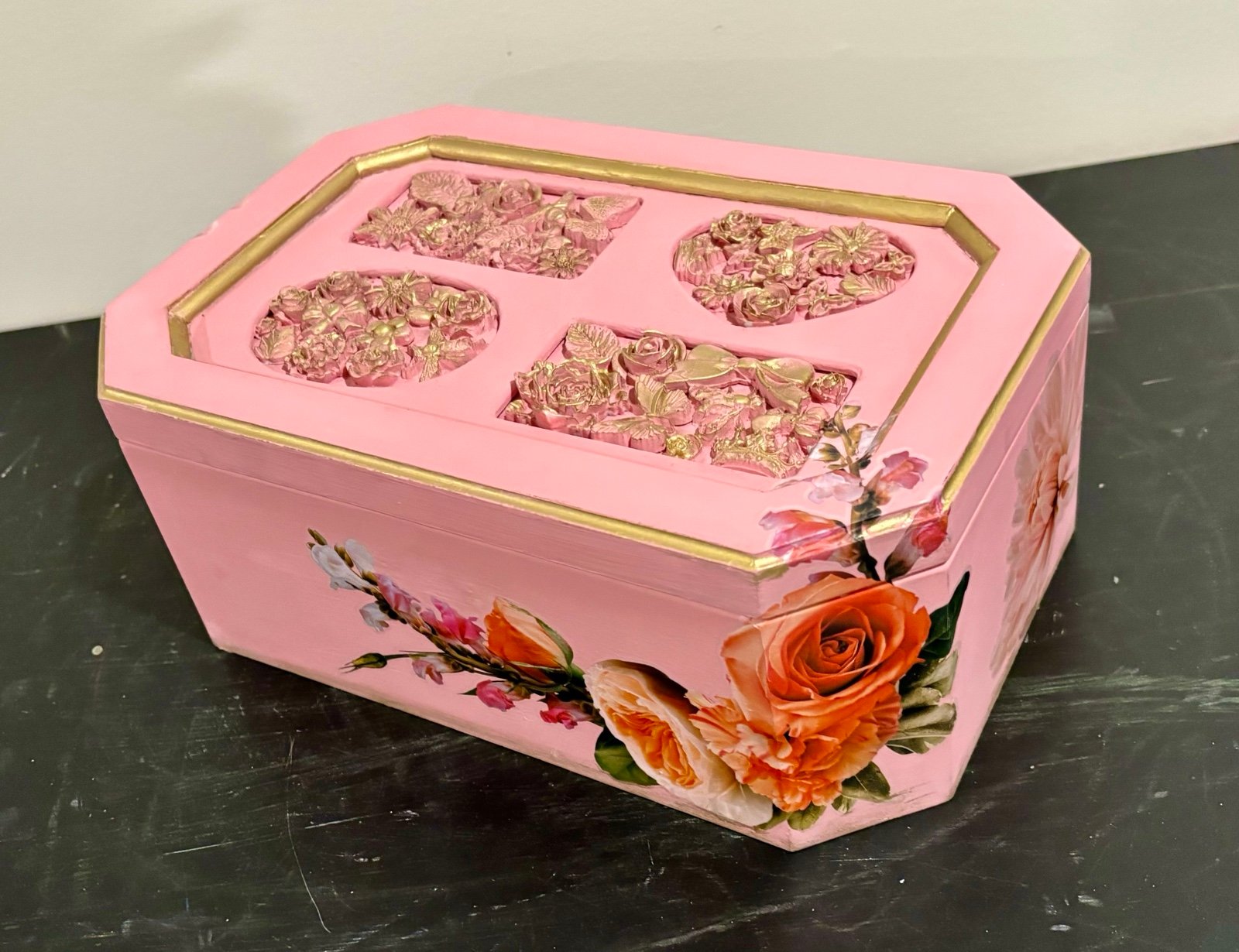 Pink and Gold Painted Vintage Jewelry Box