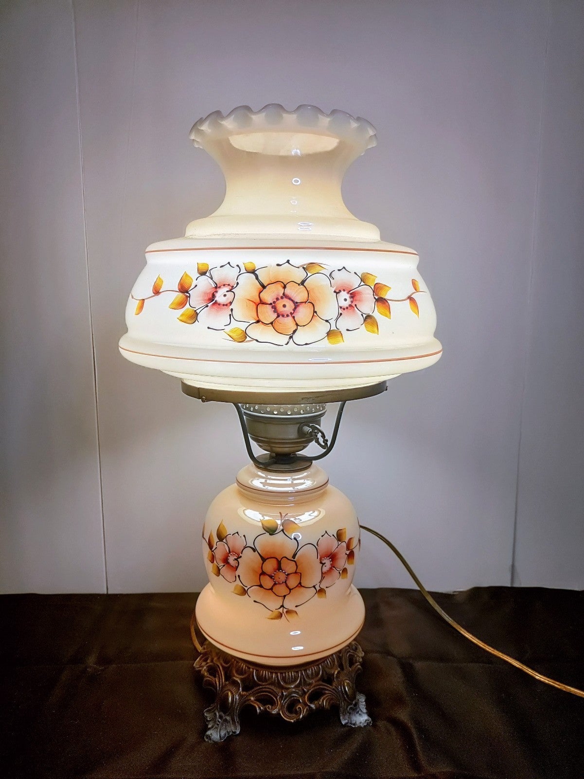 Vintage Iridescent Floral Hurricane Lamp Hawaii Blossom Ruffled