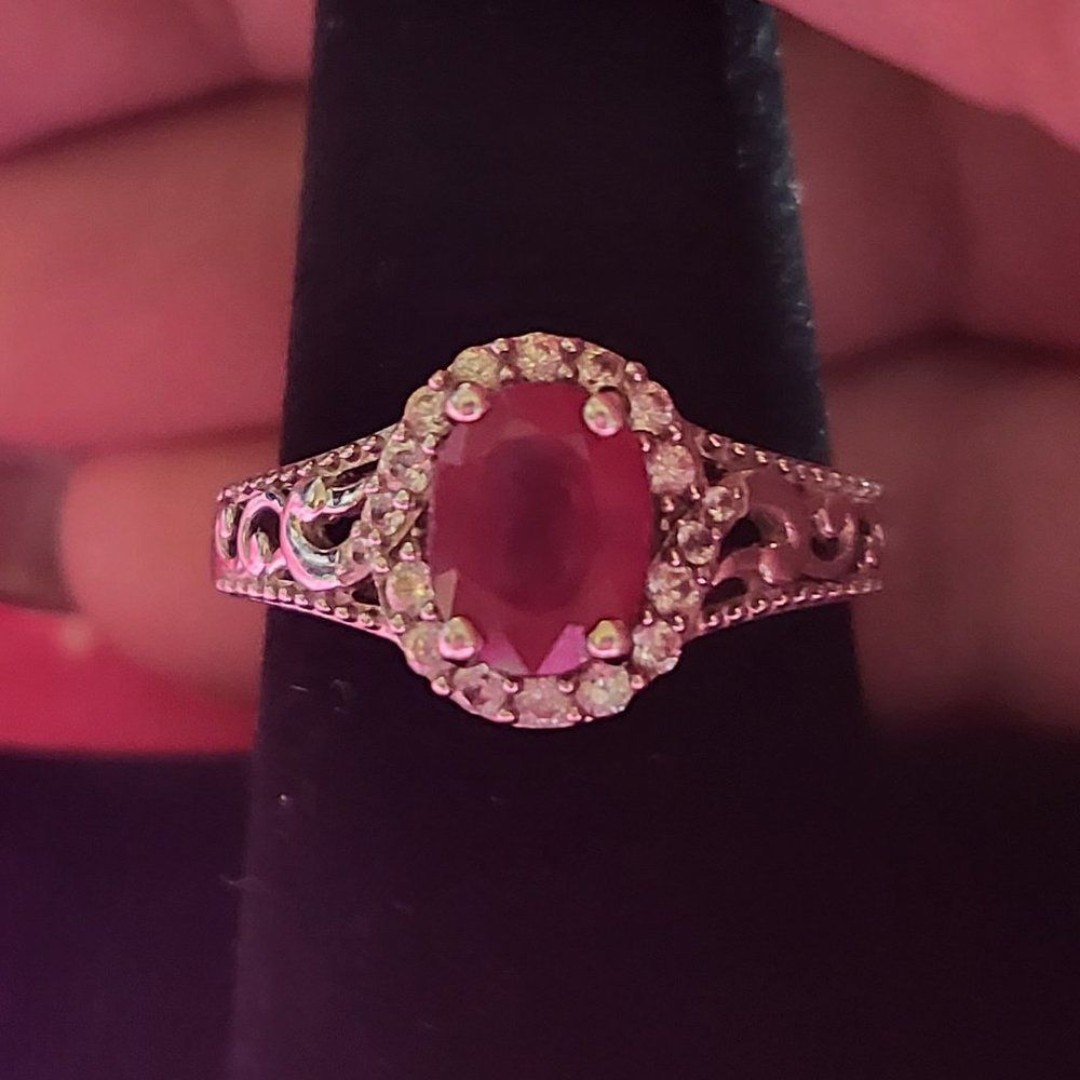 Niassa Ruby and White Zircon Halo Sterling Silver Ring