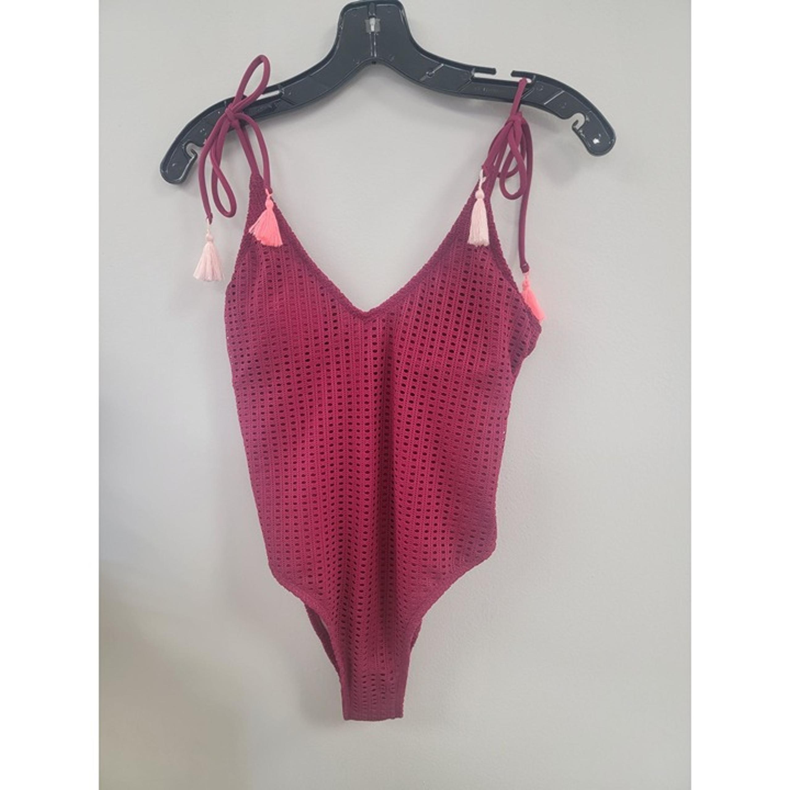 Xhilaration Womens Burgundy Crochet One-Piece Swimsuit With Tassel Tie Straps &