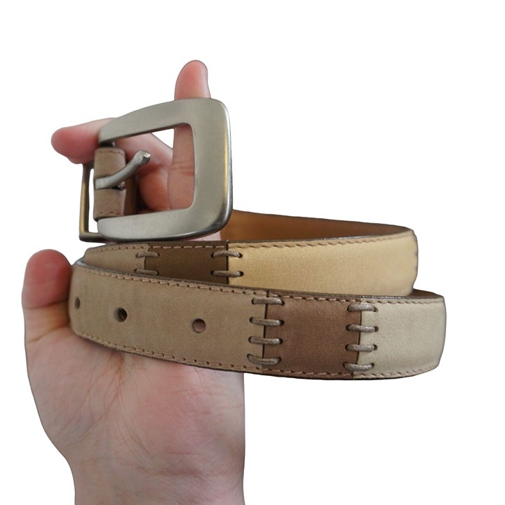 Vintage Fossil Belt Woman Size Medium 32.5 Tan Patchwork Rectangles Stitching
