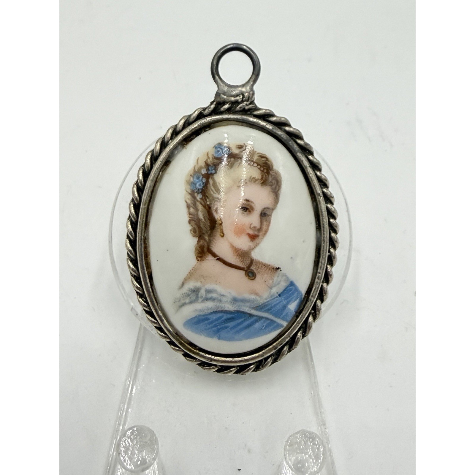 Limoges France Porcelain Portrait Oval Victorian Woman Pendant 2" Cameo