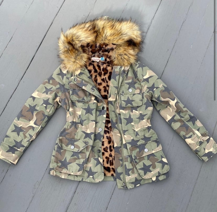 Vintage Havana Girls Star Camouflage Leopard Faux Fur Lined with Hood Jacket