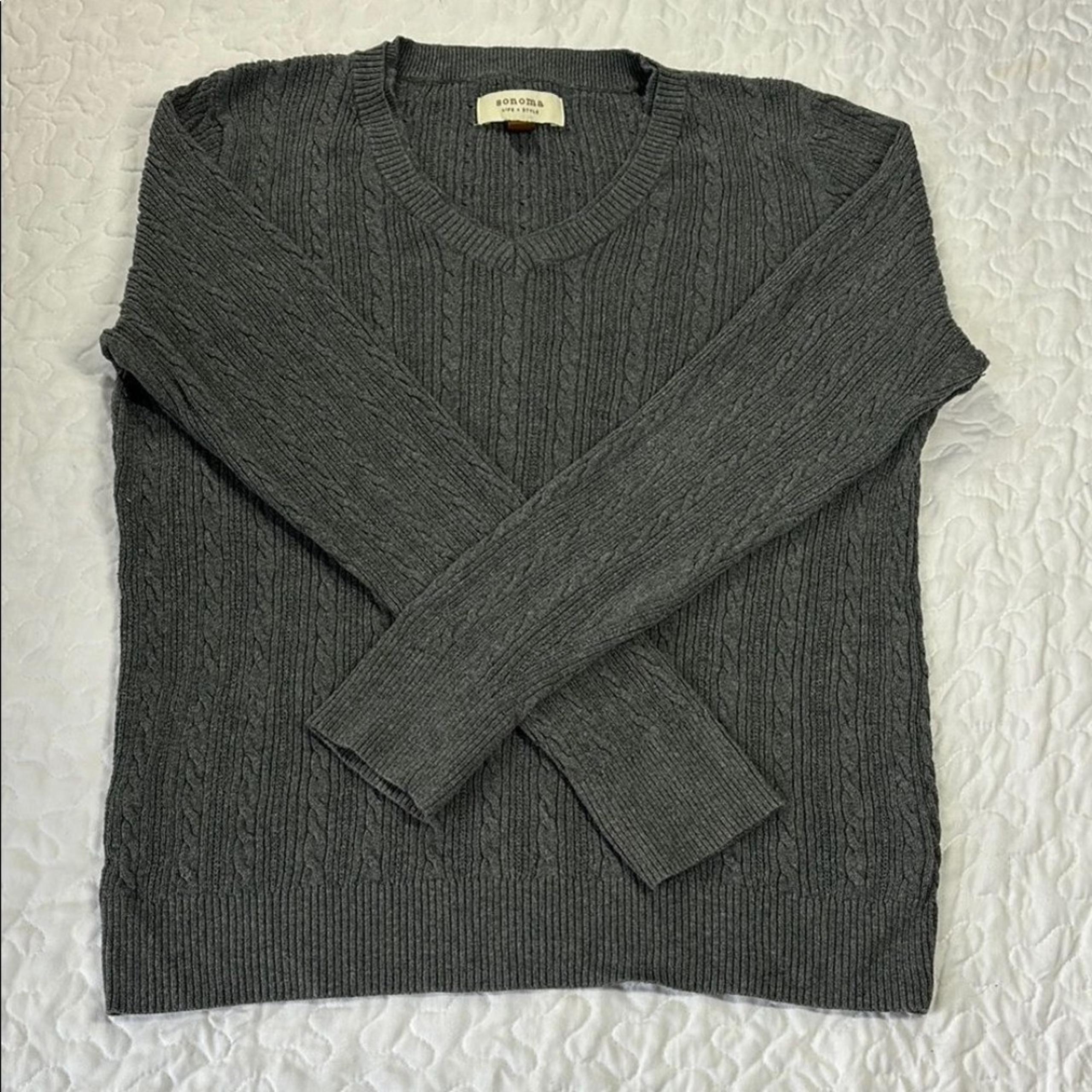 Sonoma Gray V-Neck Soft Cable Knit 100% Cotton Sweater size large