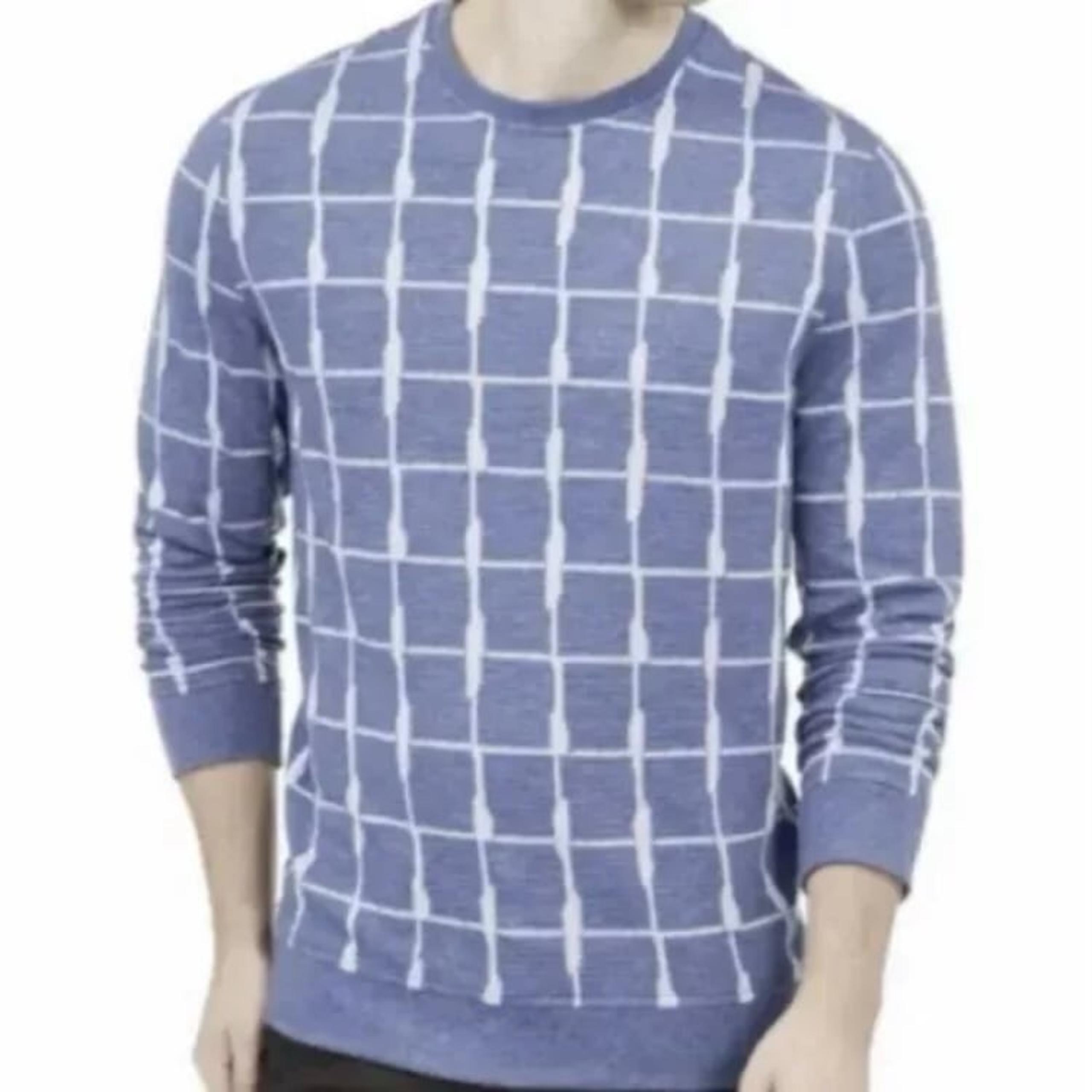 Alfani Men’s Blue Classic Fit Grid Pattern Crew Neck Sweater Size S