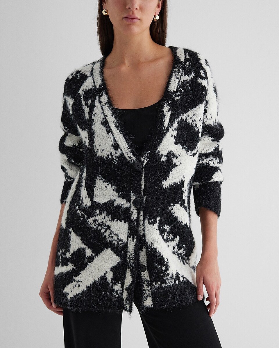 Express Women’s Printed Fuzzy Knit Button Front Tunic Cardigan Sweater - Size XS