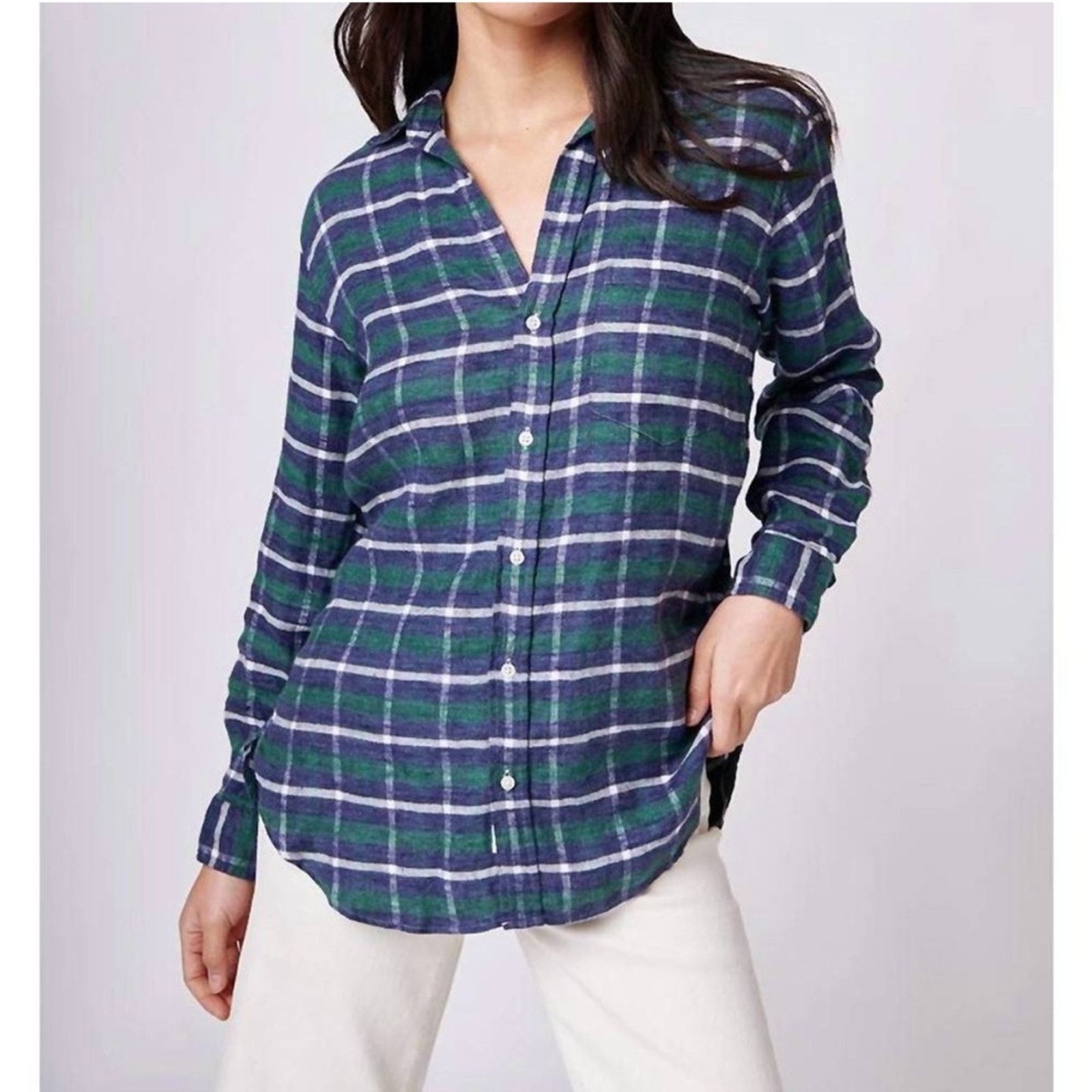 Frank & Eileen Joedy Boyfriend Button Up Shirt Navy Green Plaid Tartan Small