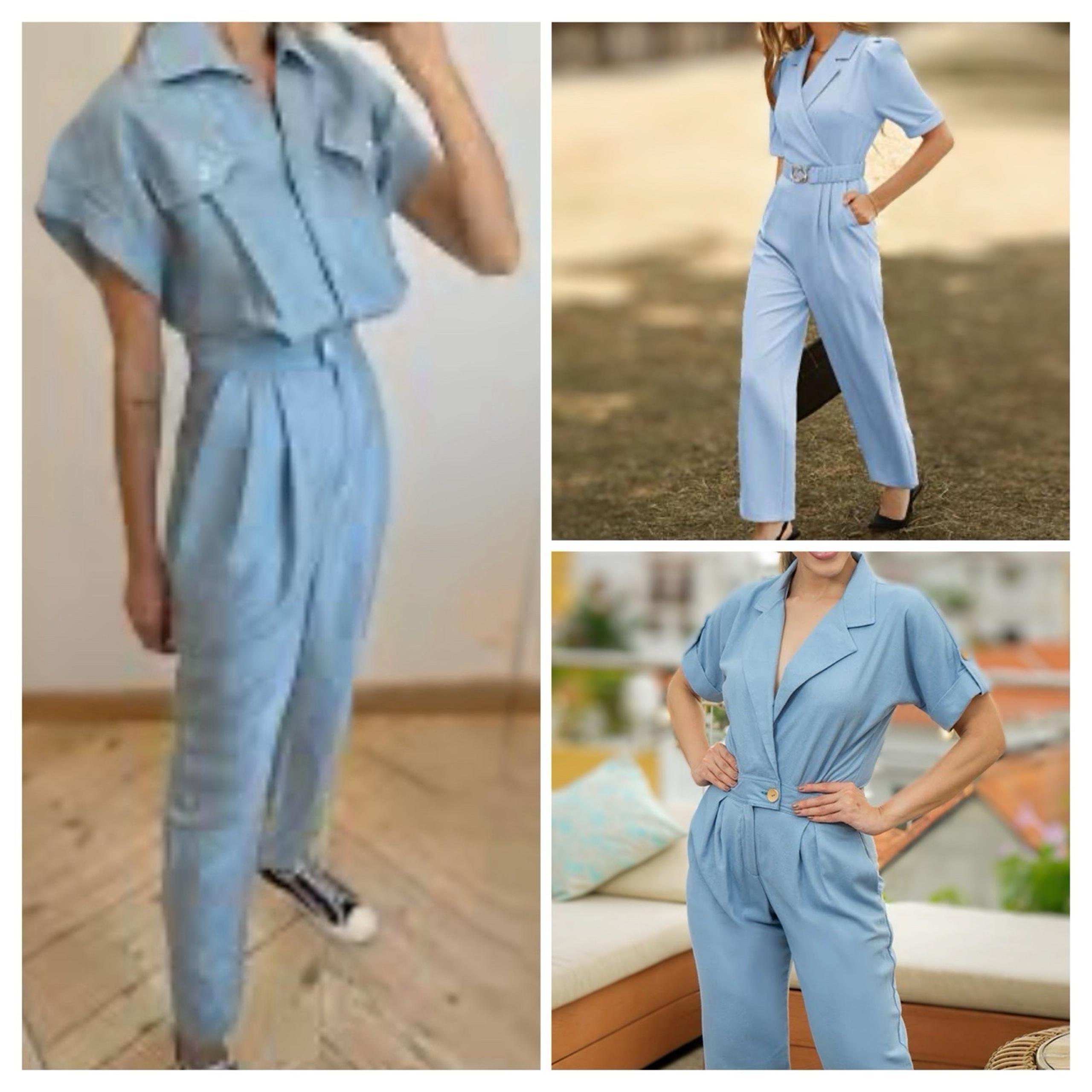 Baby Blue Sollinarry Poplin Jumpsuit Sz S Pleated Preppy Coastal Grandma Hipster