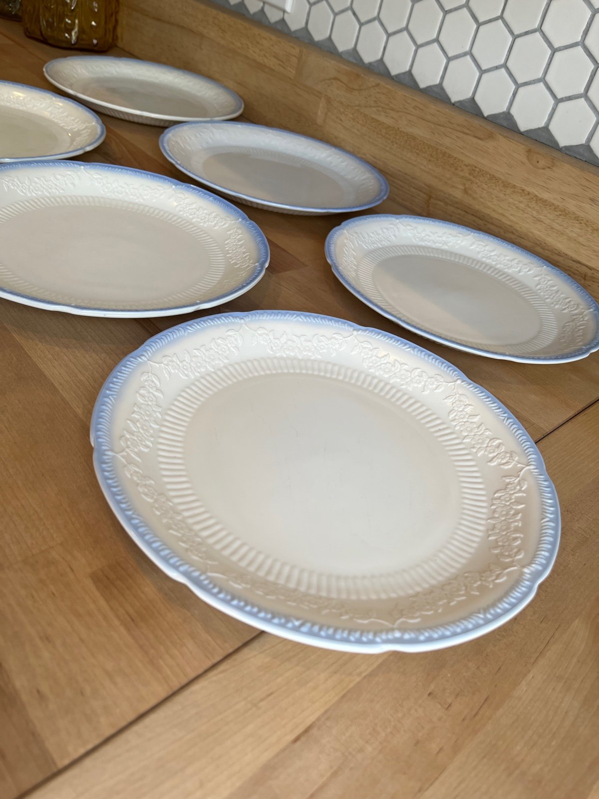 Vintage Anchor Hocking Alice Ivory White blue trim dinner plates set of 6