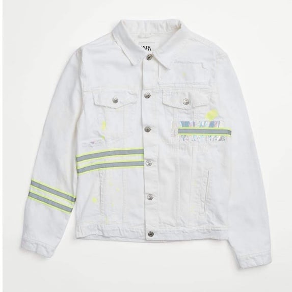NWT Zara Man Denim Jacket with Neon Reflective Bands White Size L Large