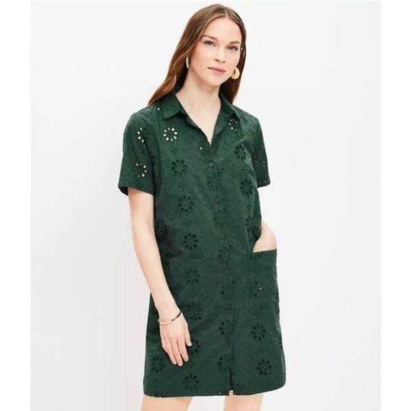 LOFT Eyelet Mini Shirt Dress Green Size 14