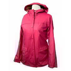 Lands End Ladies zip snap front long sleeve pockets hooded pink raincoat Small