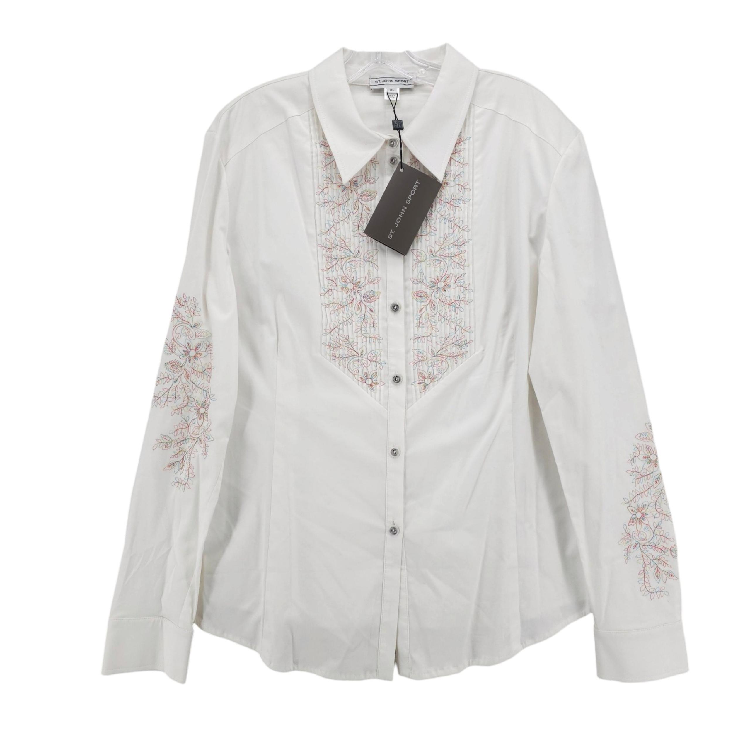 NWT ST JOHN White Button Up Shirt Colorful Floral Embroidery Pintuck XL