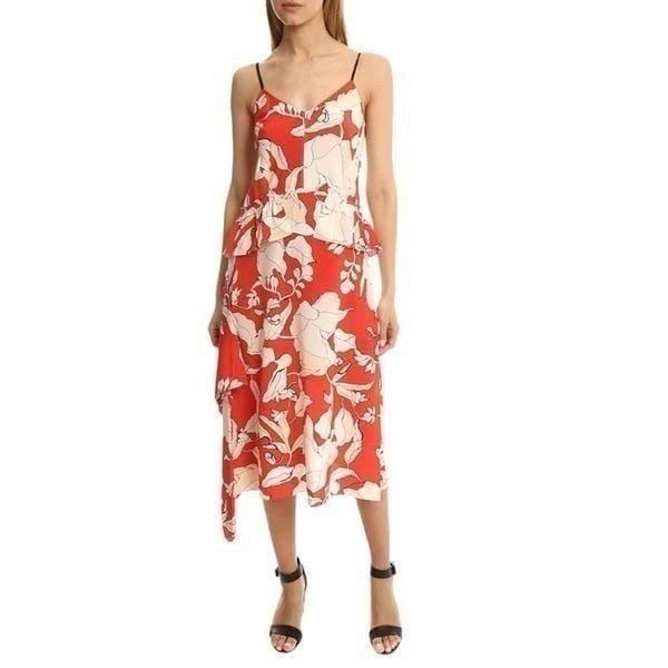 Derek Lam 10 Crosby Floral Coral Red Peplum Midi Dress Silk Womens Size 10