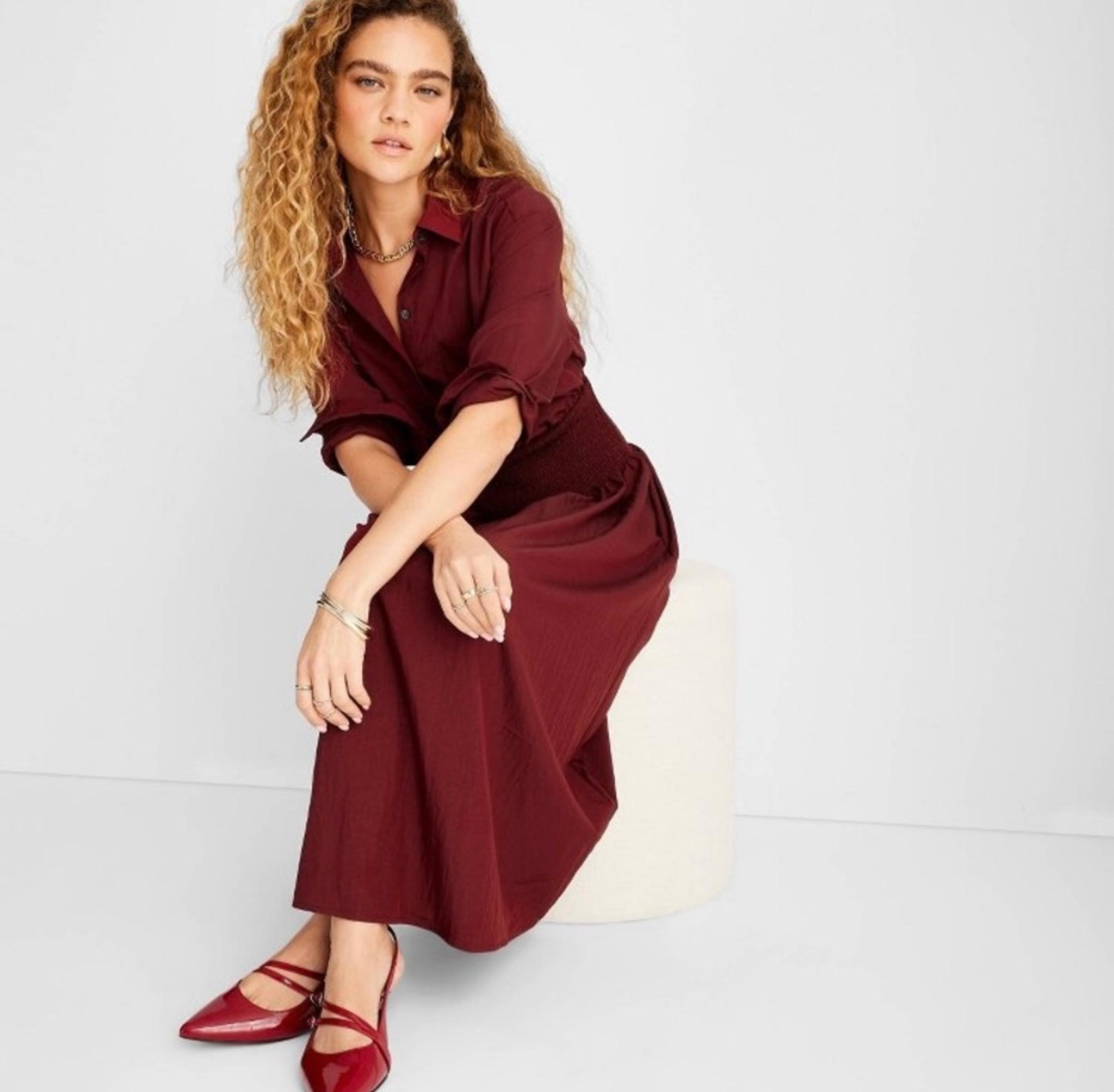 Women's Collared Long Sleeve Smocked
Midi Shirtdress - Future Collective
