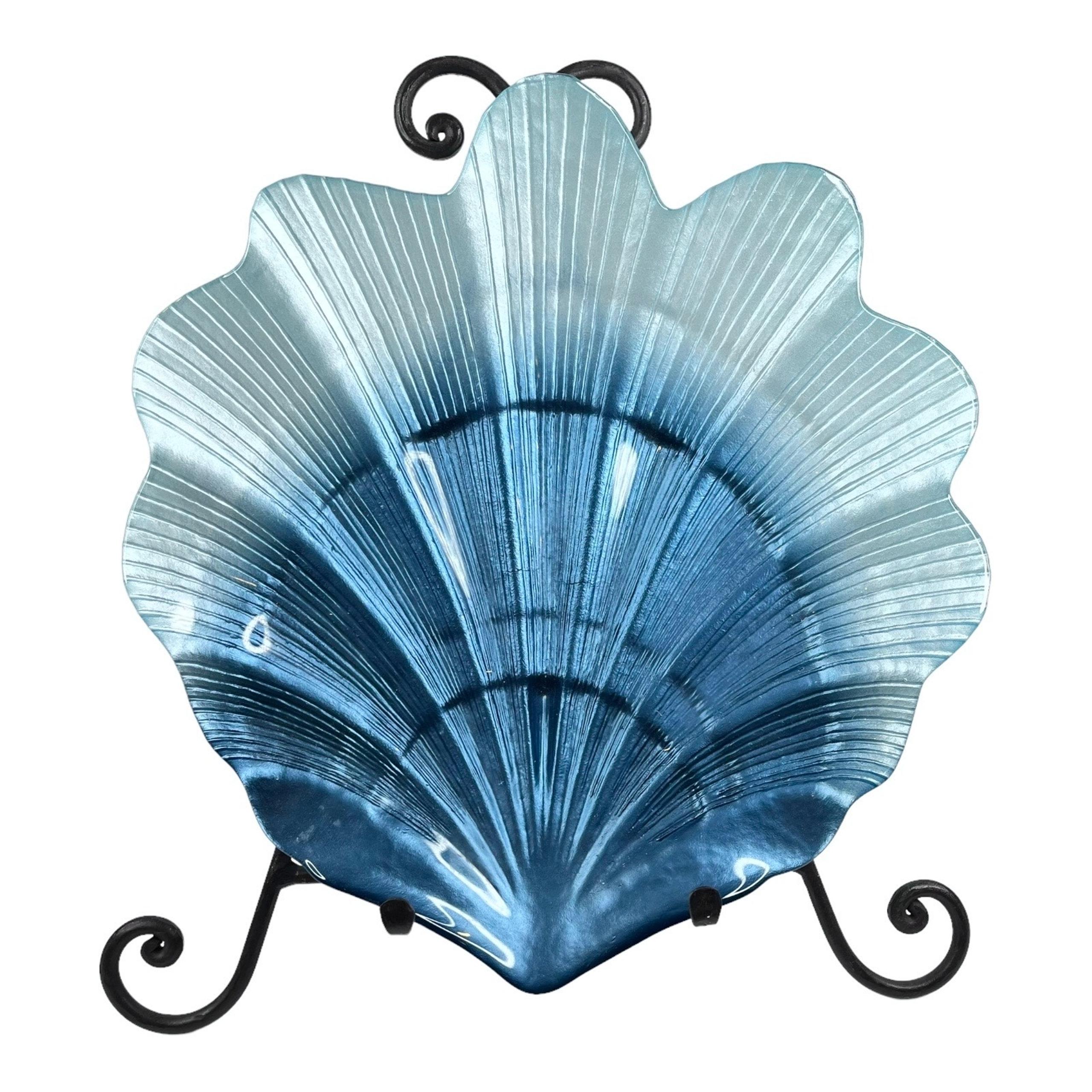 Blue Glass SHELL PLATE 15" Gradient Color LG Scalloped Seashell Nautical Decor