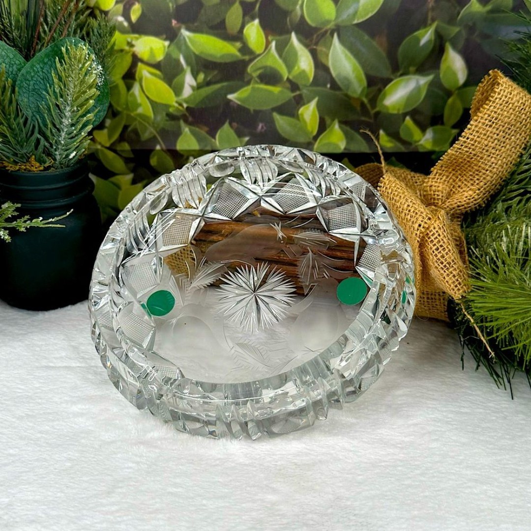 Vintage Antique Ashtray Mid-Century Modern Lead Crystal Starburst Cut Glass