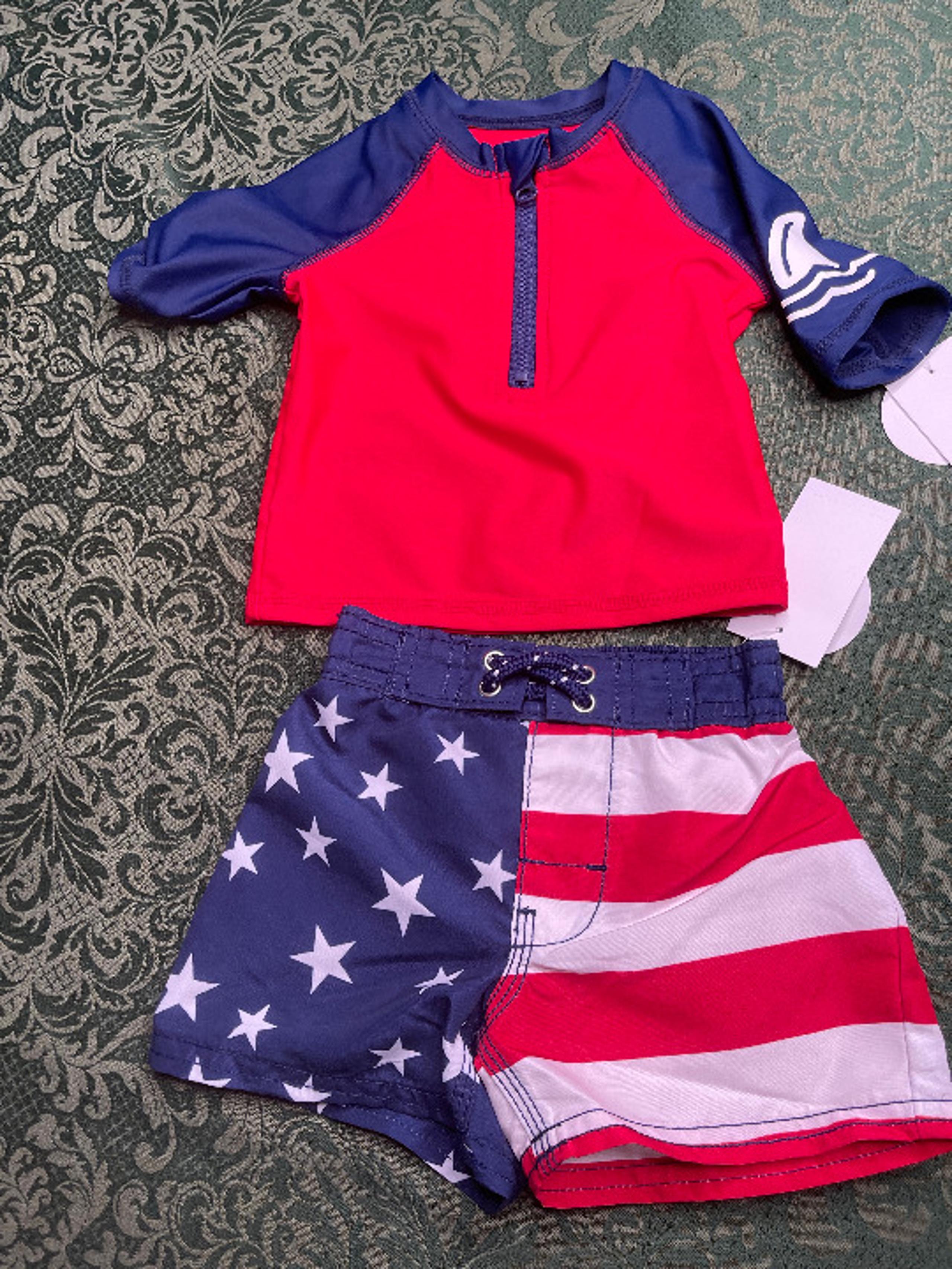 NWT 3m Oshkosh july 4th bathing suit American flag trunks shirt rash guard star
