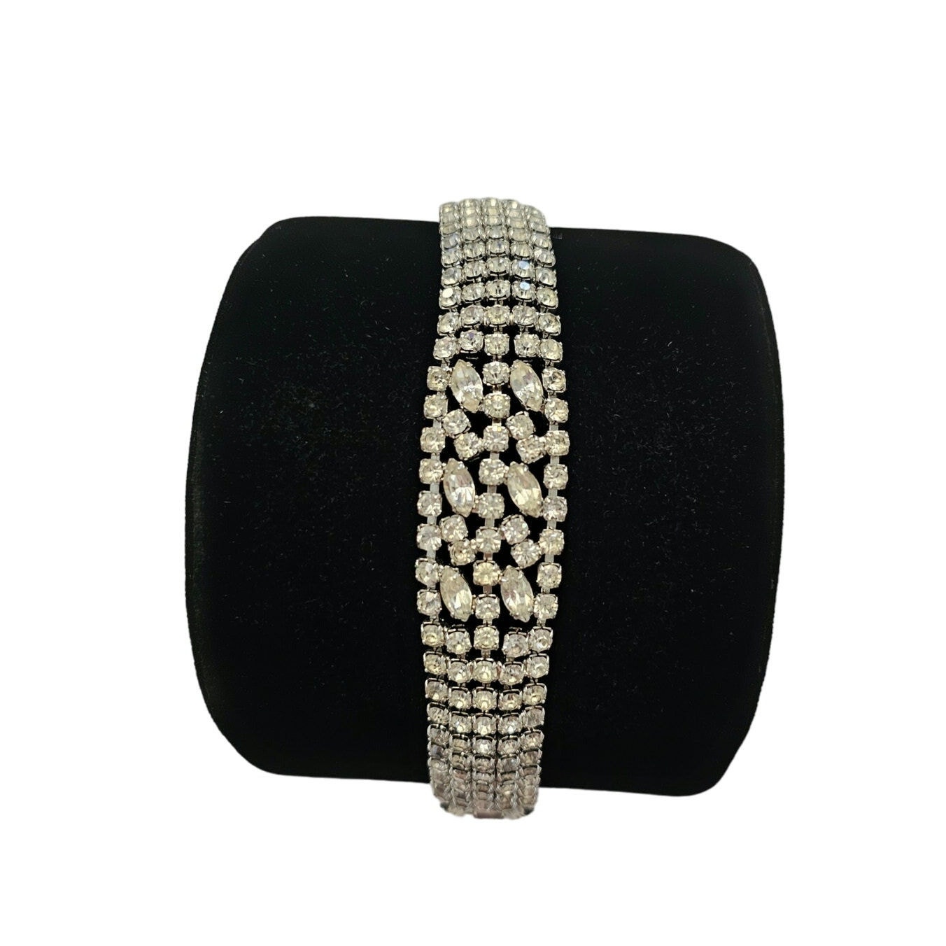 Vintage 1950s Weiss 5 Row Clear Rhinestones Silvertone Wide Bracelet