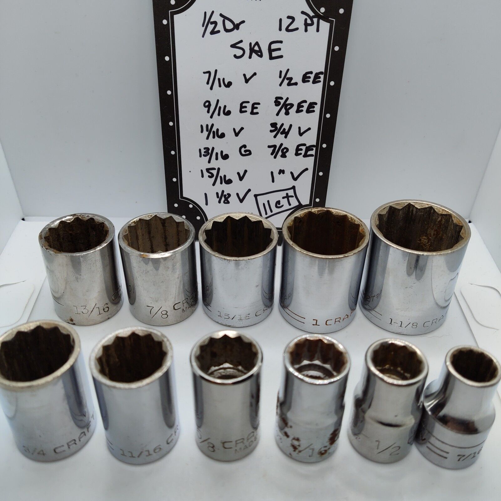 11 Craftsman 1/2 Dr V & EE Series 12 Pt Sockets - 1-1/8 to 7/16 SAE