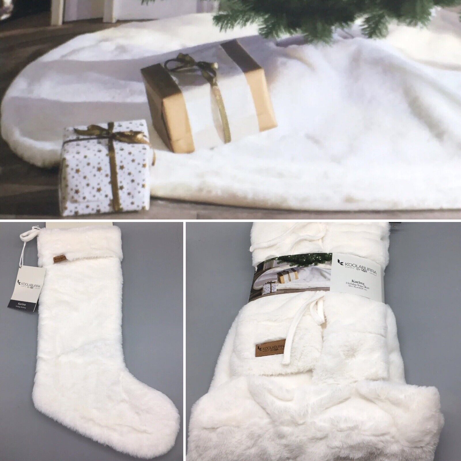 5pc Koolaburra UGG Karina White Faux Fur 54 Christmas Tree Skirt & 4 Stockings