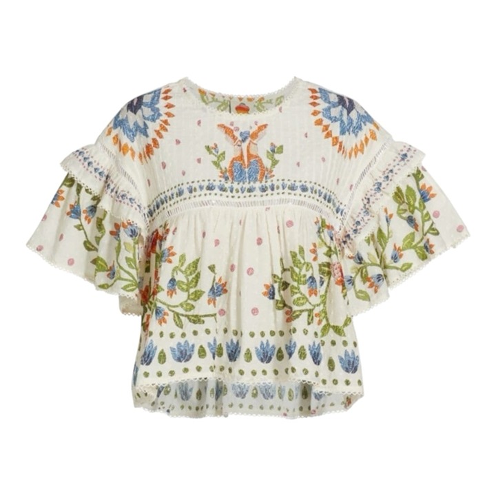 Farm Rio Summer Garden Blouse Medium Boho Cottage Cropped 100% Cotton Flutter