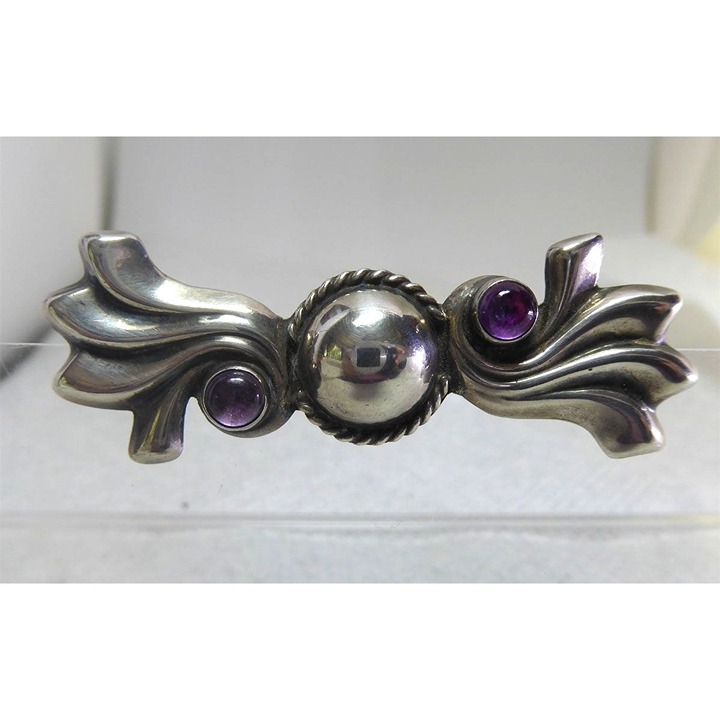 SIGNED AEM or AE in Heart Mexican Sterling Silver & Amethyst Bar Brooch Eagle 23