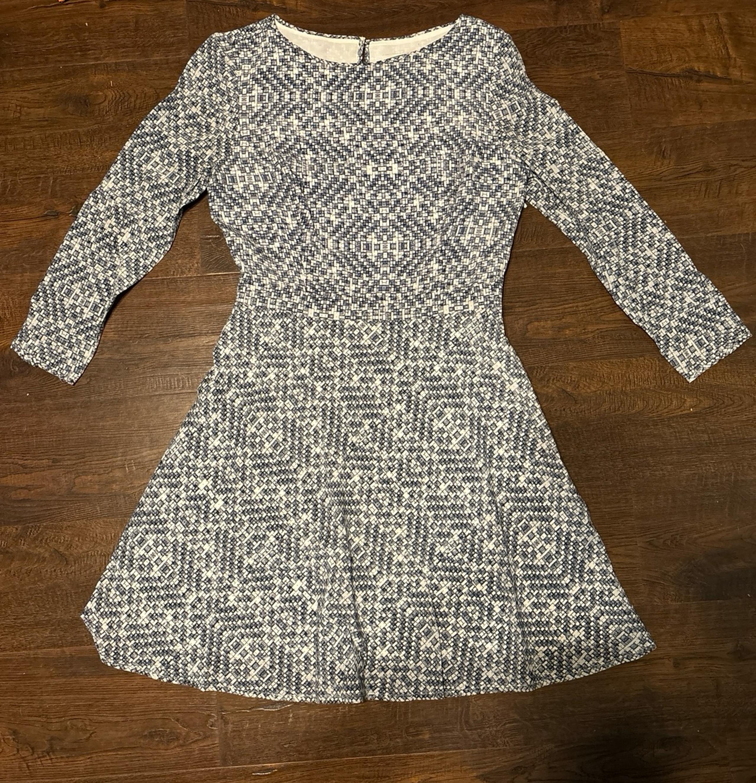 Reiss Heidi Blue Silk Patterned 3/4 Sleeve Flared Mini Dress US 6 UK 10 EU 38