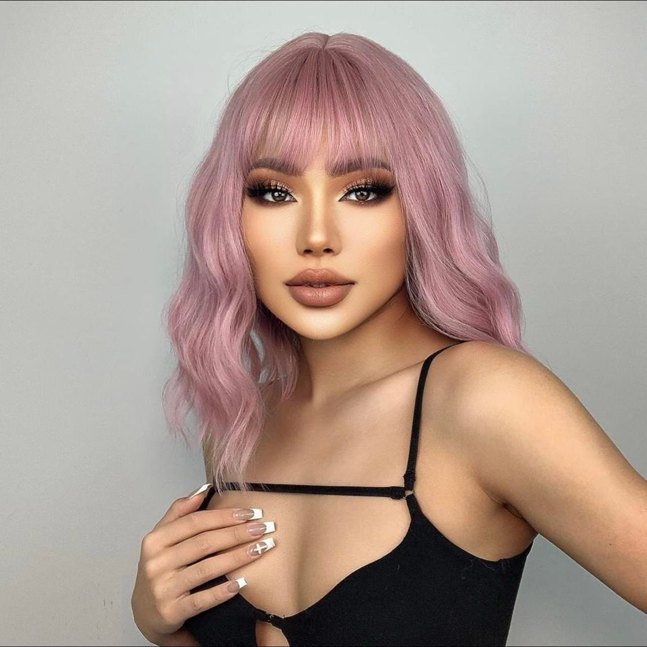 Human hair blend pastel pink bob curly wavy wig