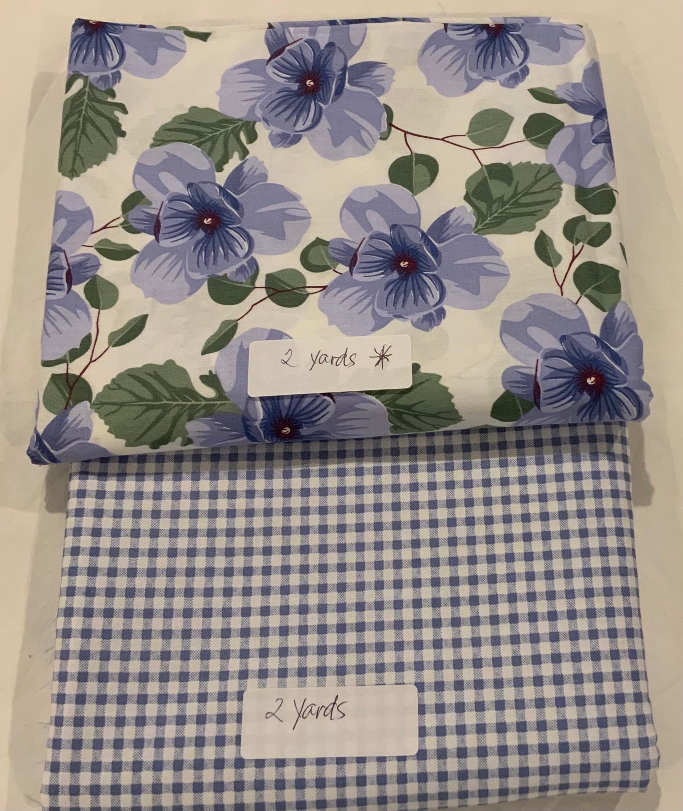 2 yards each print / floral in blue and blue gingham