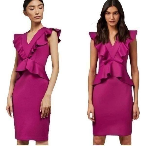 Ted Baker Fuchsia Pink Alair Ruffle-Trimmed Peplum V-Neck Dress